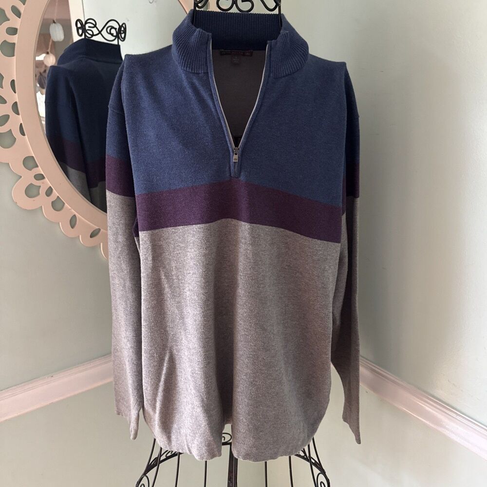 Peter Millar Crown Sport Perth Stripe 1/4 Zip Pullover Gray Blue‎ L Large